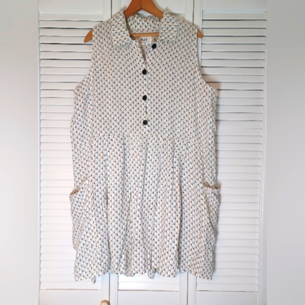 FLAX 100% Linen summer Button collar Pleated Mini Midi dress Size Large